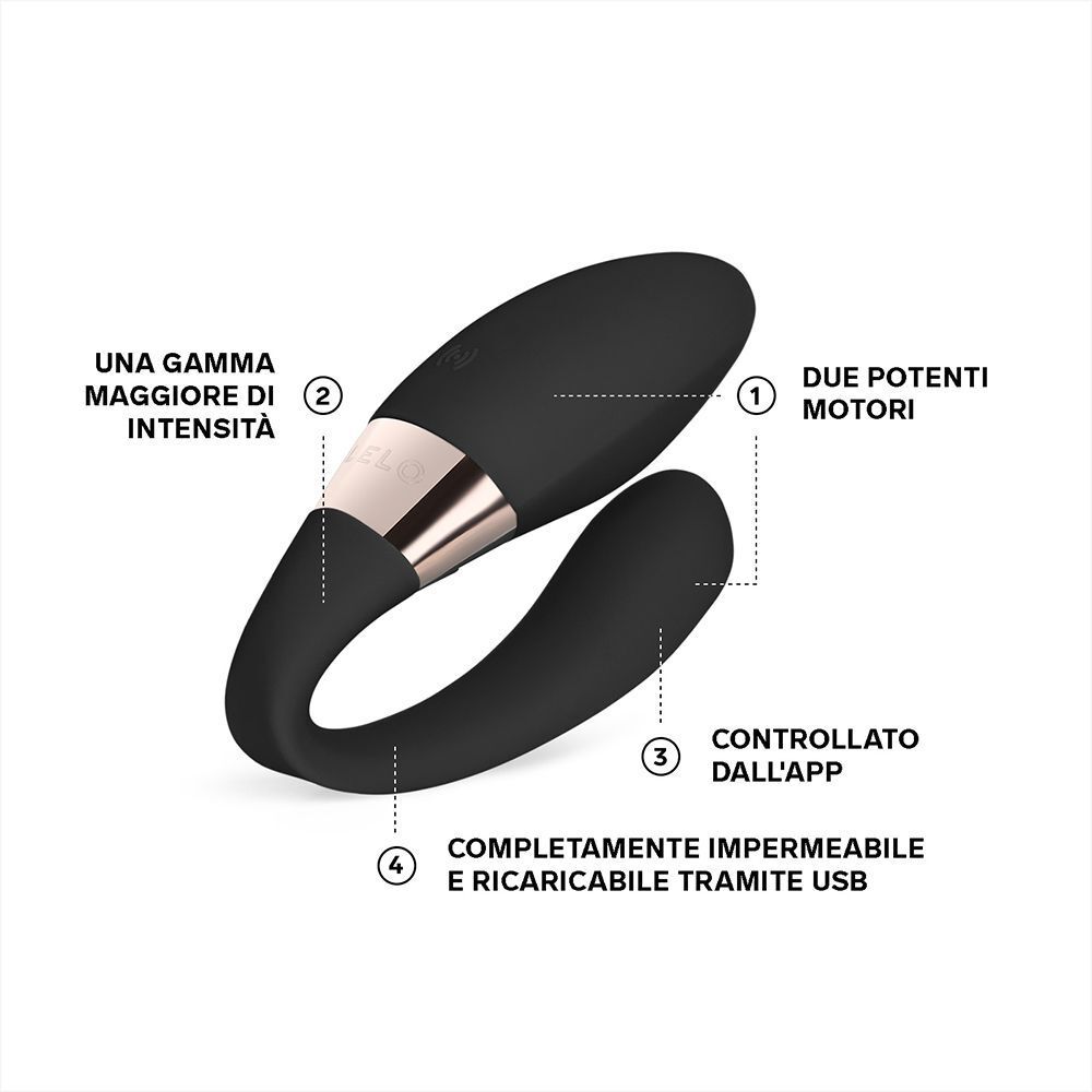 Vibratore nero a forma di U con accento oro rosa. Le etichette evidenziano due motori e il controllo tramite app.