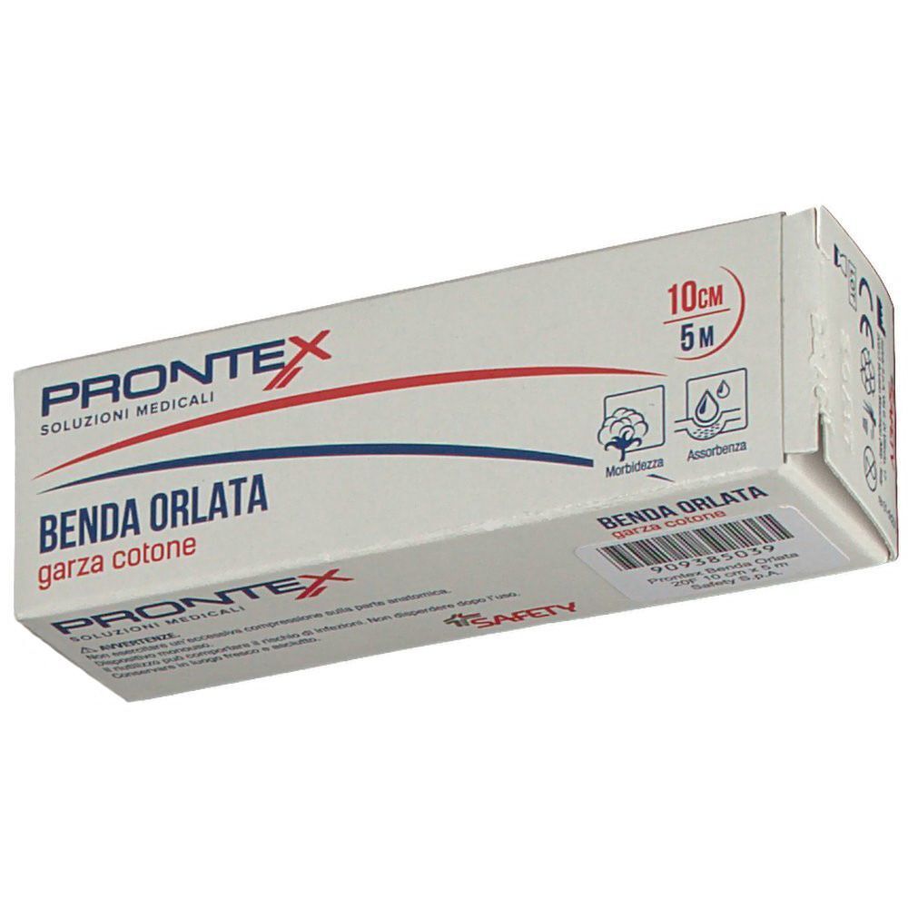 Fronte della confezione Prontex Benda Orlata, 10 cm x 5 m, garza di cotone.