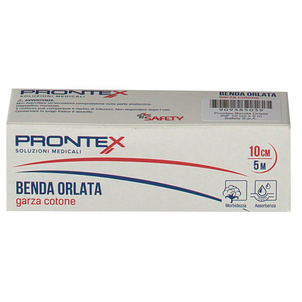 Confezione Prontex Benda Orlata, 10 cm x 5 m, garza di cotone, con marchio CE.