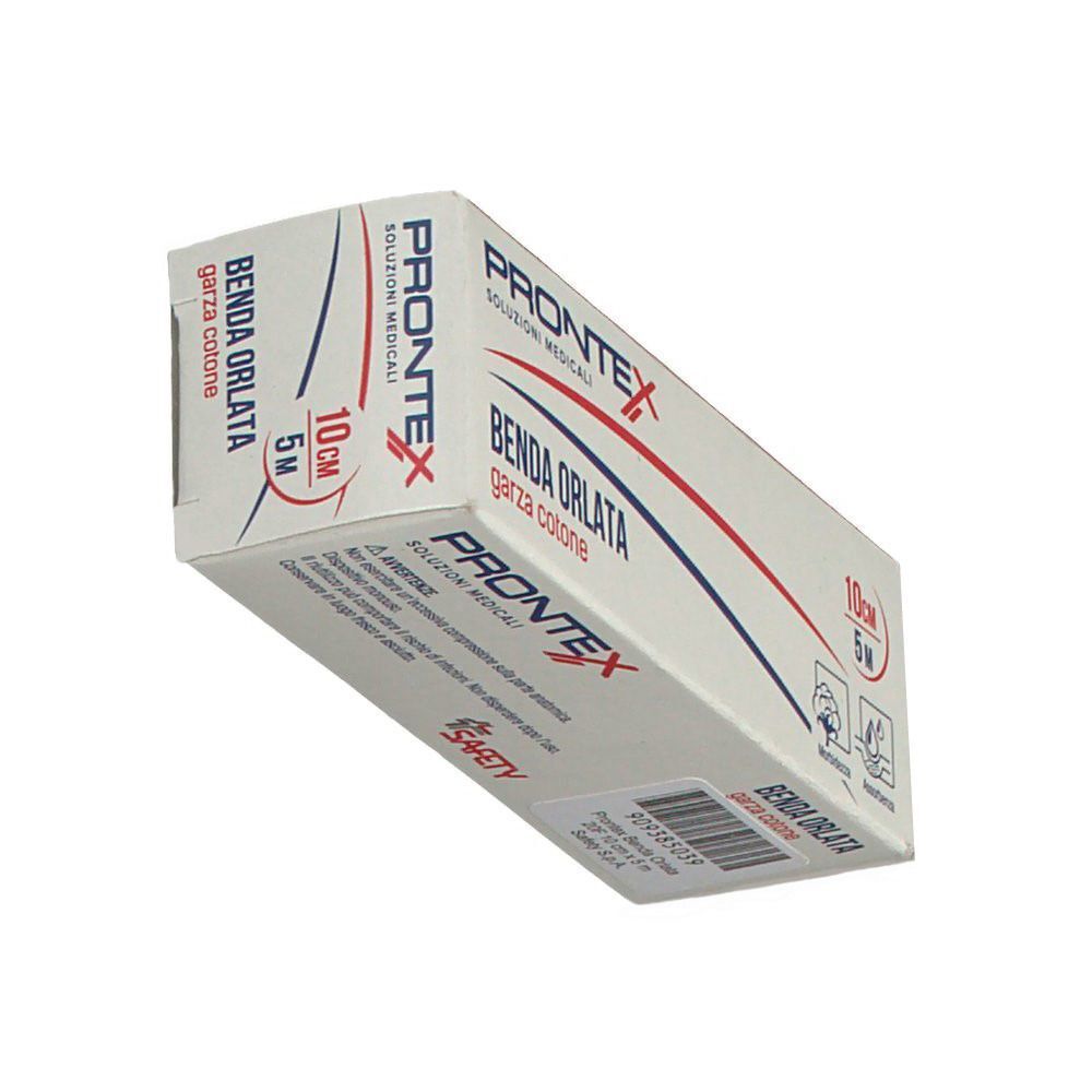 Vista prospettica della confezione di una benda di garza. Marca: Prontex. Misura: 10 cm x 5 m.