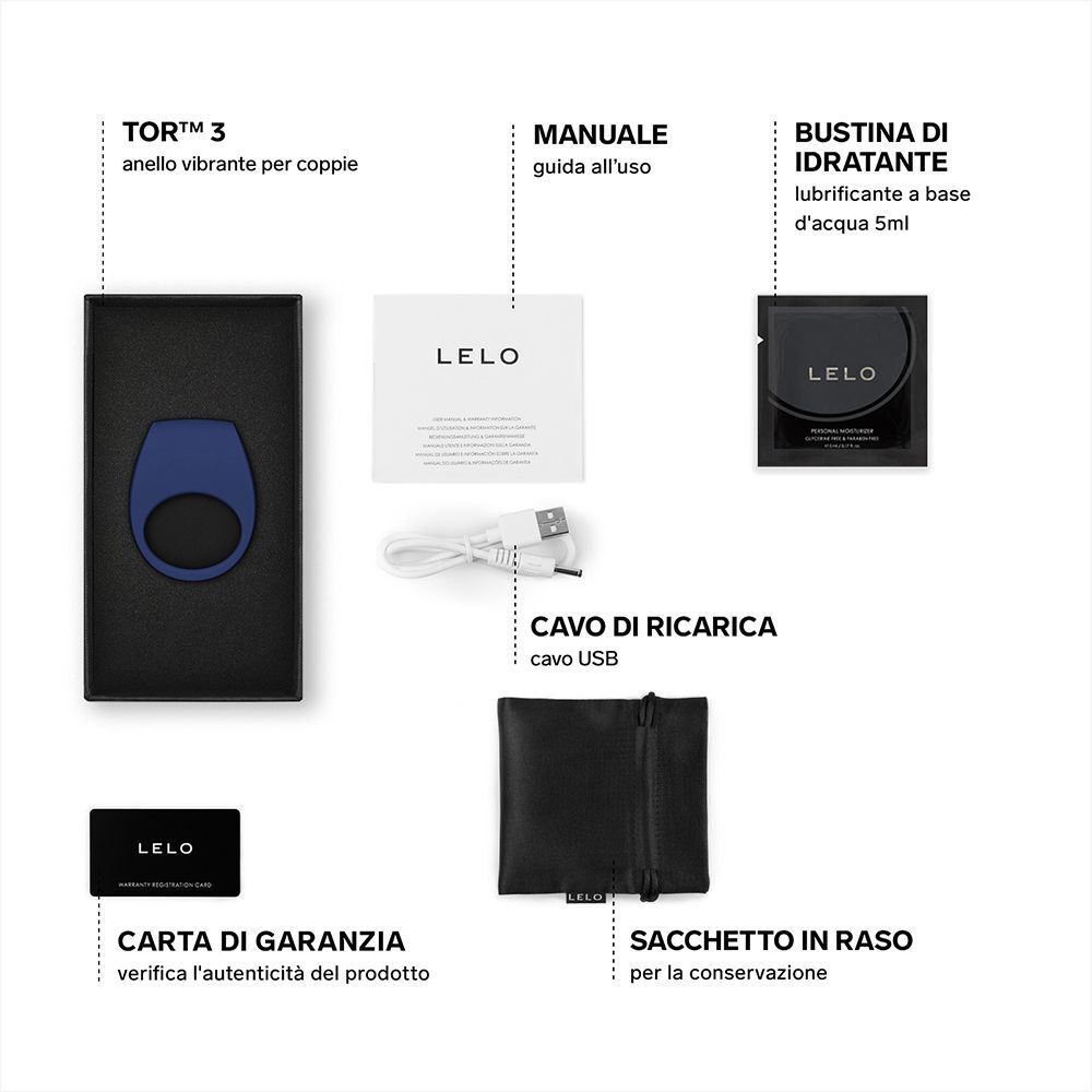 Contenuto della confezione: anello vibrante blu, manuale, cavo USB, lubrificante e sacchetto di conservazione.