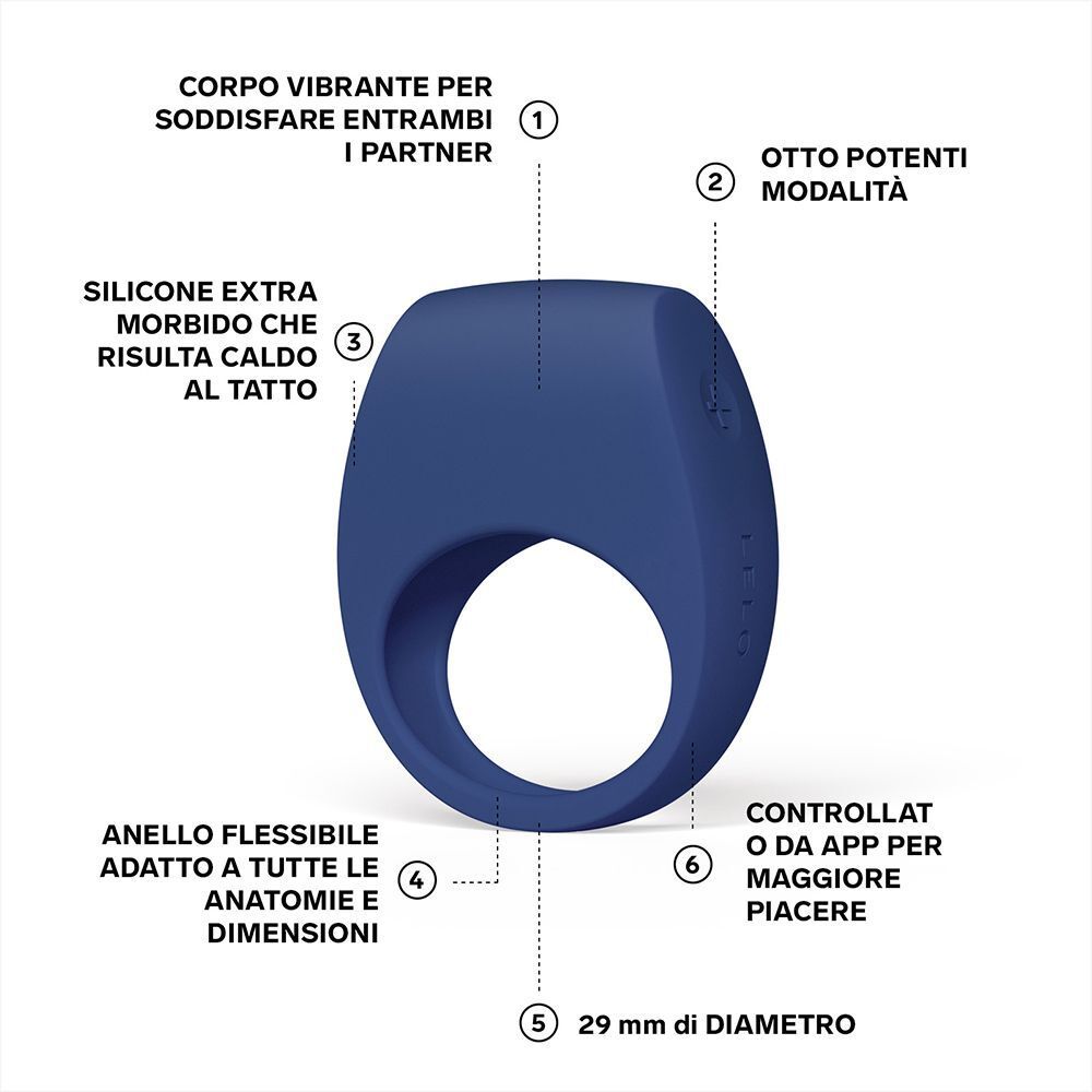 Anello vibrante blu con annotazioni: 8 modalità, controllo via app, diametro 29 mm.