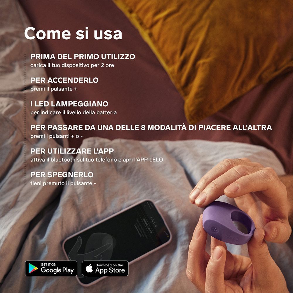 Istruzioni per l'uso dell'anello vibrante viola con smartphone e app.