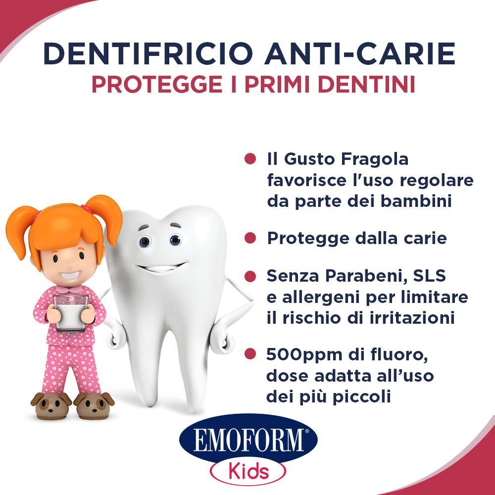 Dentifricio Emoform Kids: protezione carie, gusto fragola.