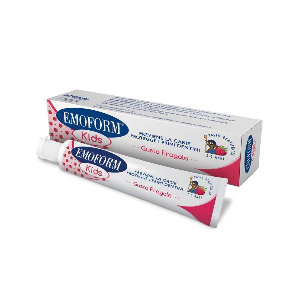 Dentifricio Emoform Kids fragola e suo astuccio.
