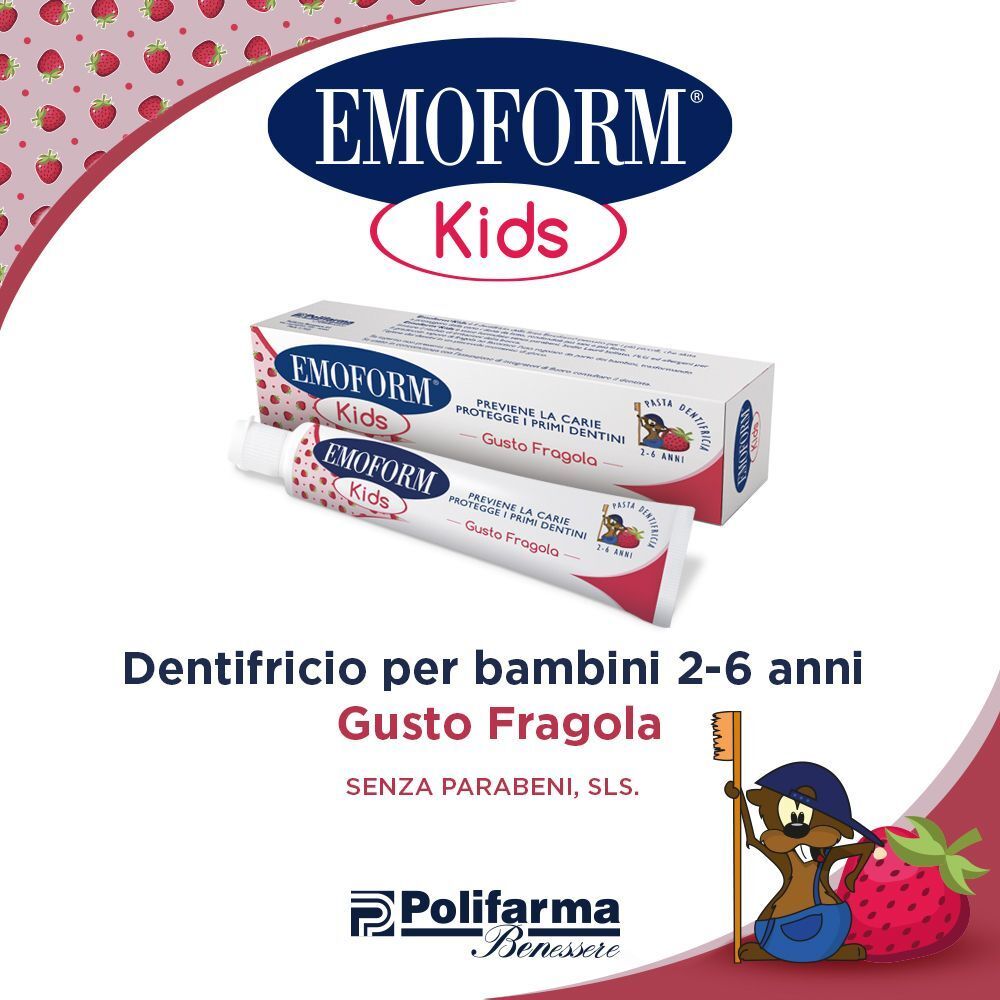 Dentifricio Emoform Kids gusto fragola, 2-6 anni, senza parabeni e SLS.