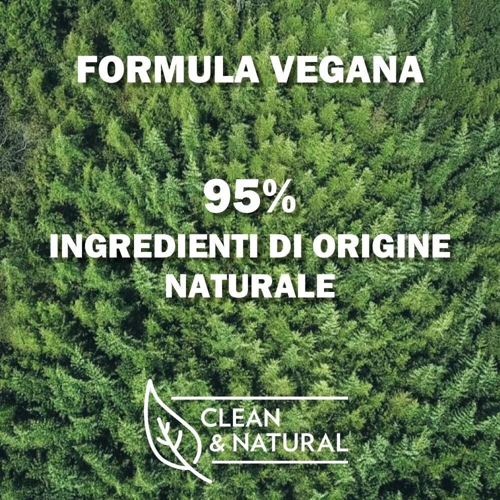 Sfondo di cipressi, testo "Formula Vegana 95% Ingredienti di Origine Naturale Clean & Natural".
