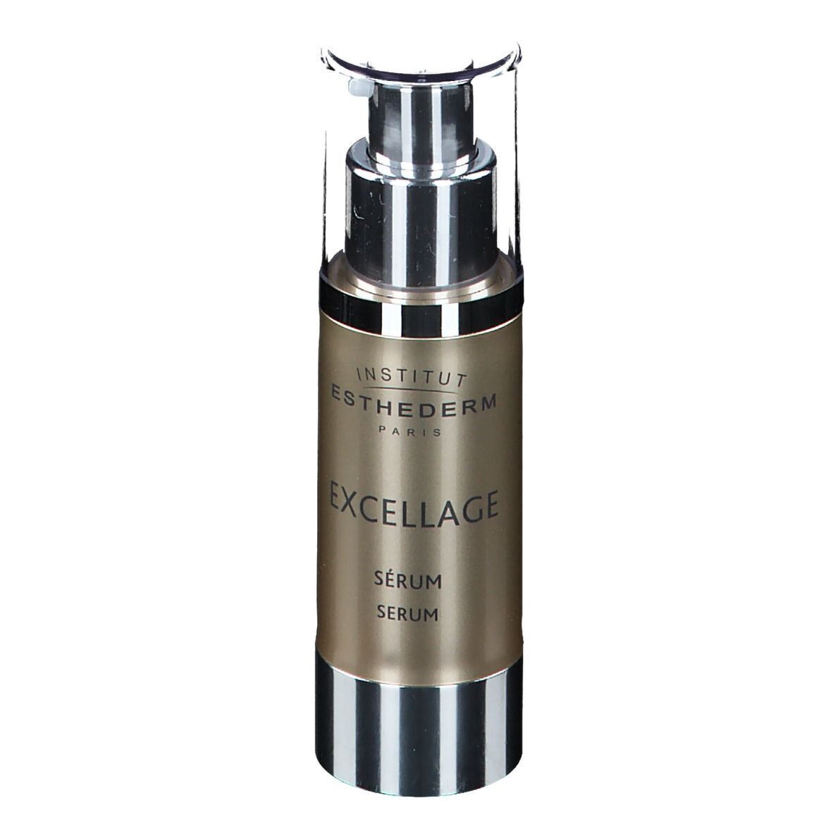 Un flacone di Siero Excellage Institut Esthederm con dispenser a pompa.