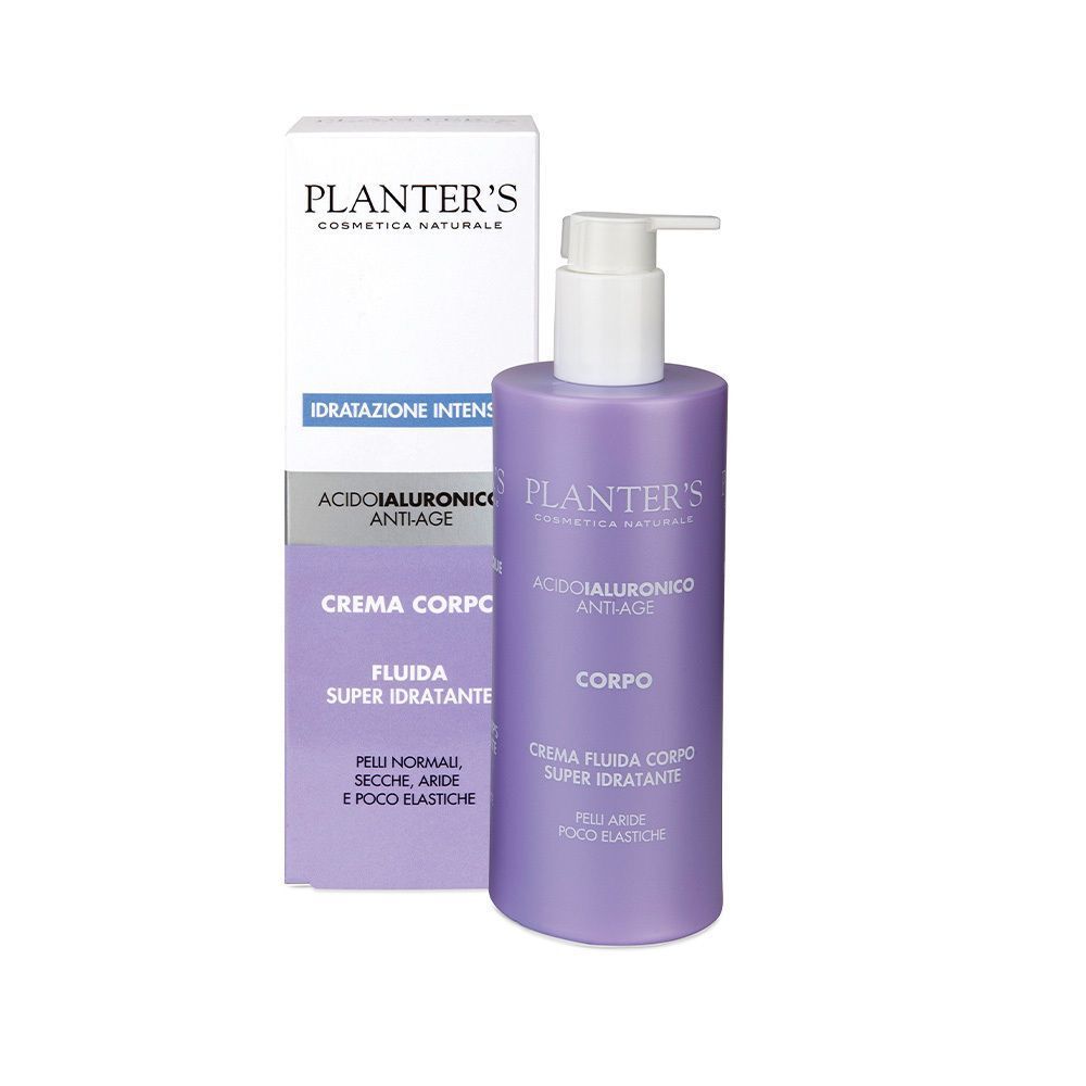Flacone viola con pompa, etichetta bianca e scatola, Planter's Crema Corpo Fluida Super Idratante.