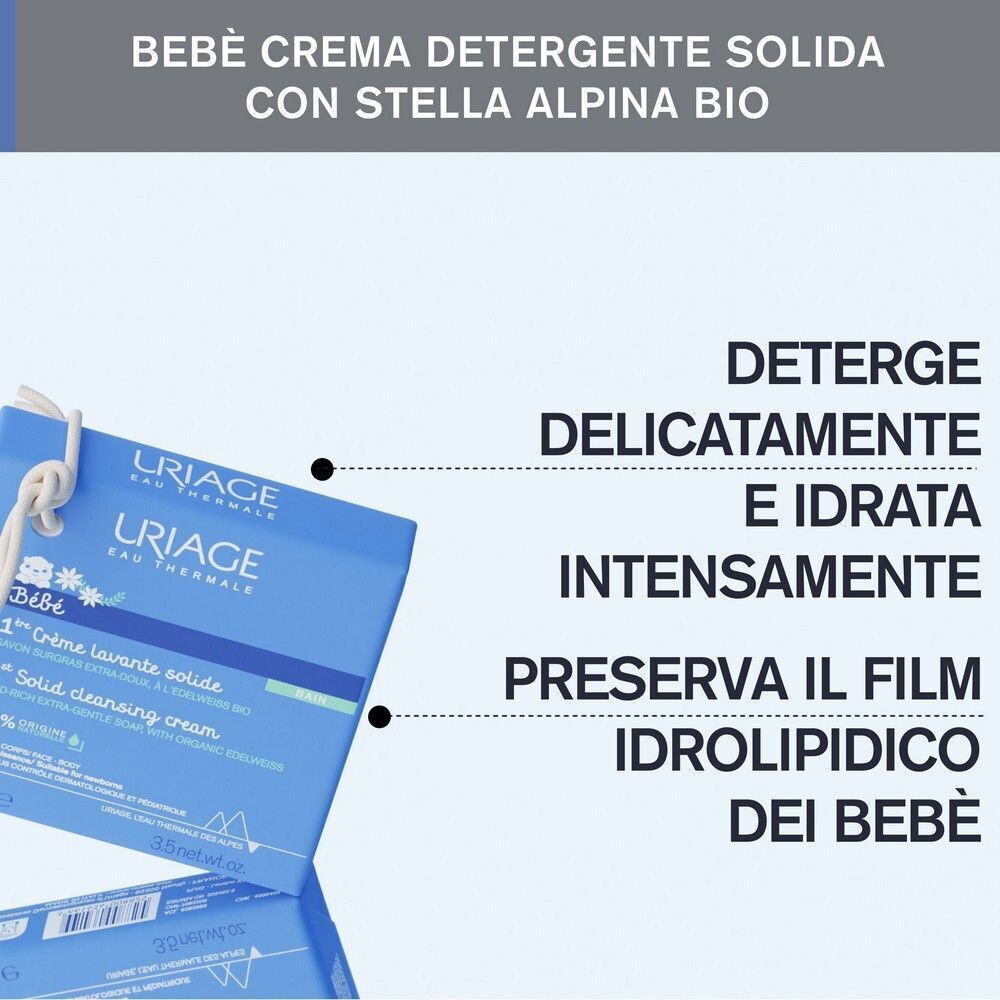 Uriage Bébé 1a Crema Lavante Solida: deterge delicatamente e idrata intensamente.
