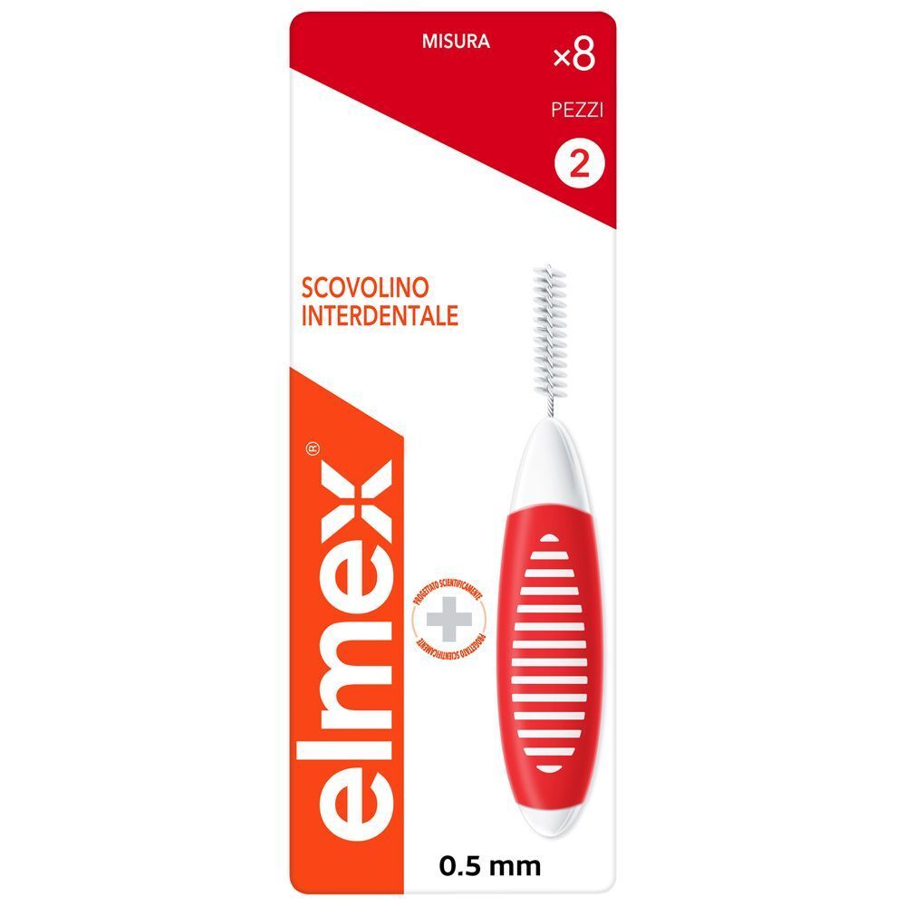 Spazzolino interdentale Elmex rosso, misura 2, 0,5mm. Spazzolino singolo con manico rosso e testina bianca.
