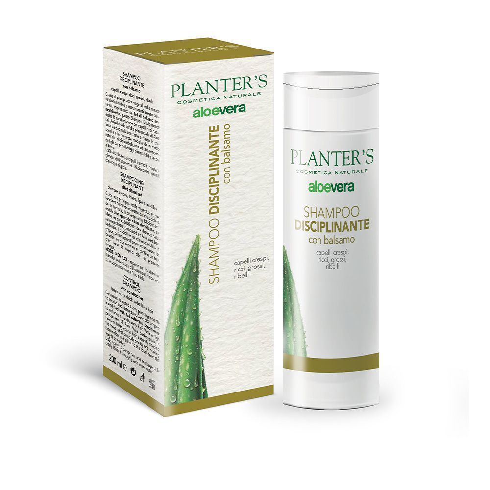 Planter's Shampoo Disciplinante con aloe vera in flacone bianco e scatola, con accenti verdi e dorati.