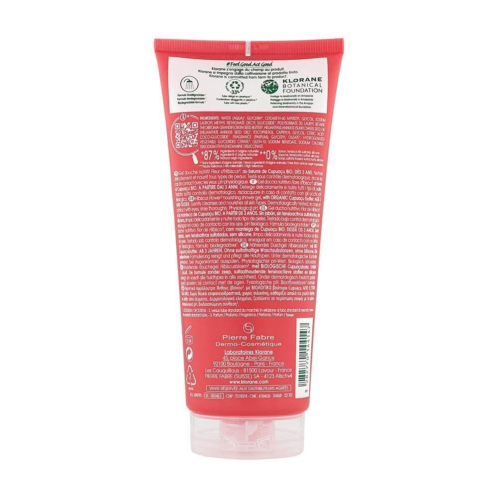 Retro di un flacone di gel doccia Klorane con informazioni dettagliate sul prodotto e sugli ingredienti.