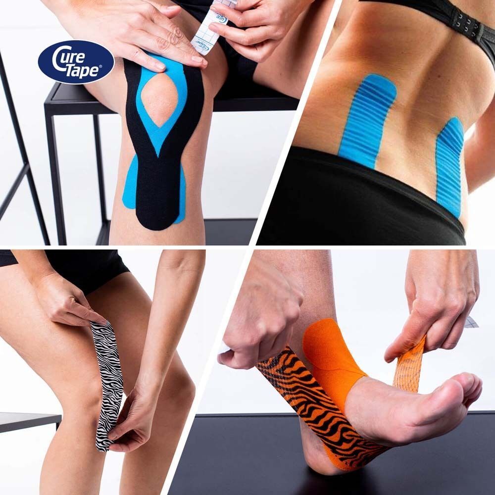 Collage: applicazione di nastri su ginocchio, schiena, gamba e piede in vari colori e motivi.