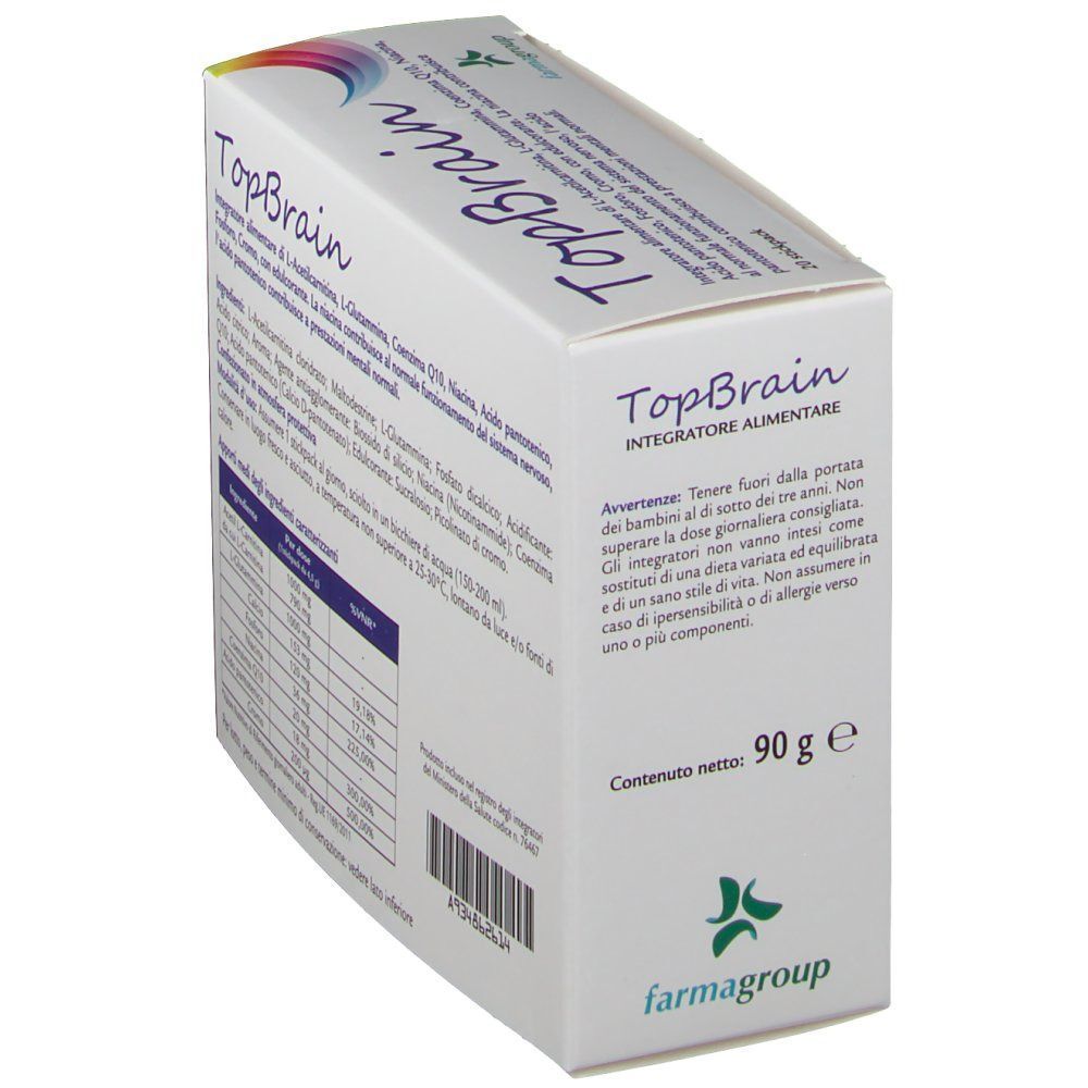Vista laterale di una confezione di TopBrain integratore alimentare, peso netto 90g.