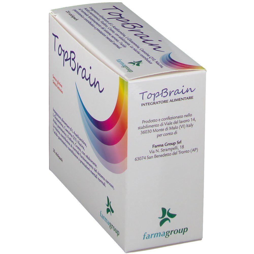Una confezione di TopBrain integratore alimentare con vista laterale, 20 stickpack.