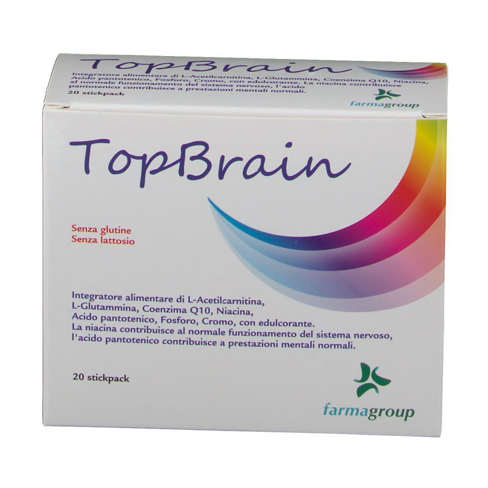 Fronte di una confezione di TopBrain integratore alimentare, senza glutine e lattosio, 20 stickpack.