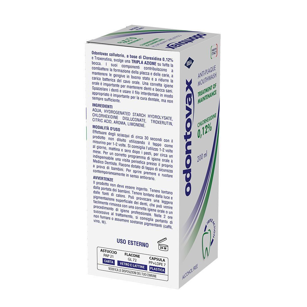 Odontovax Clorexidina 0,12% collutorio, 200 ml, retro con ingredienti e istruzioni d'uso.