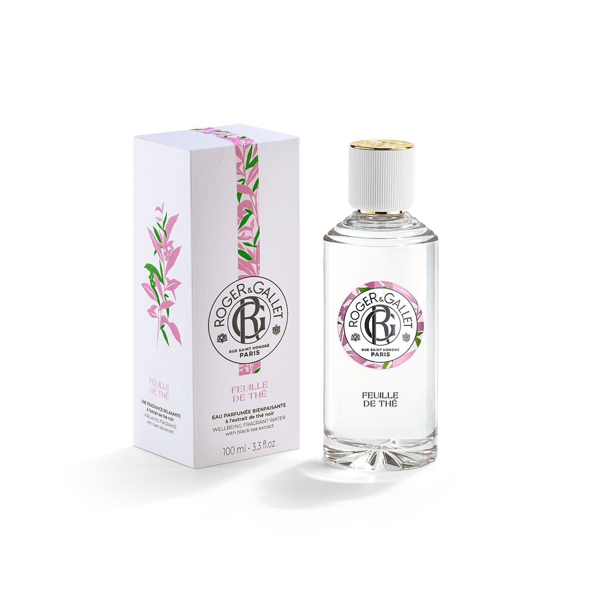 Flacone e confezione ROGER&GALLET Eau de Parfum con motivo floreale.
