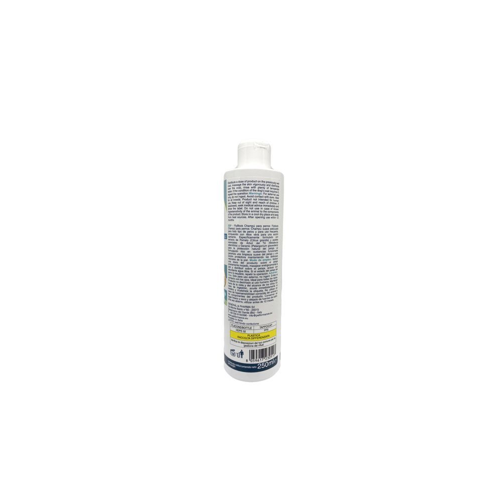 Retro di un flacone bianco di shampoo per cani Fly Block con istruzioni per l'uso e ingredienti dettagliati.