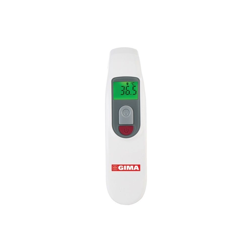 Un termometro infrarosso bianco con accento rosso e display verde che mostra 36.5°C.