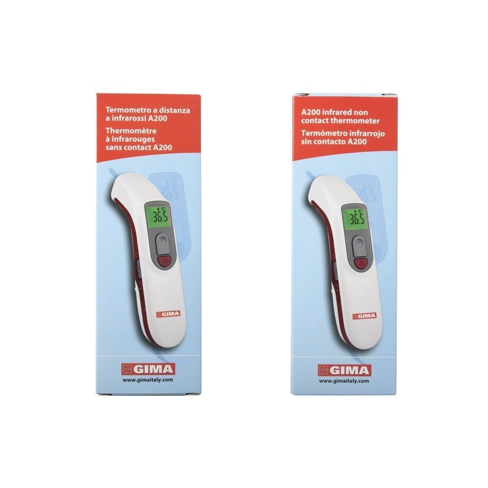 Due confezioni di un termometro infrarosso bianco con accento rosso e display verde.