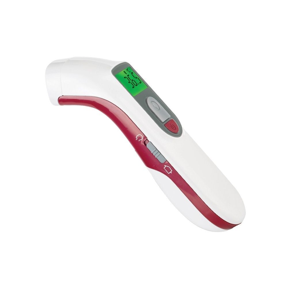 Termometro infrarosso bianco con accento rosso, pulsante grigio e display verde che mostra 36.5°C.