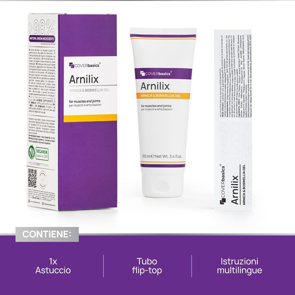 Tubo, astuccio e foglietto illustrativo di COVERbasics Arnilix Gel. Contiene: 1x astuccio, tubo flip-top, istruzioni multilingue.