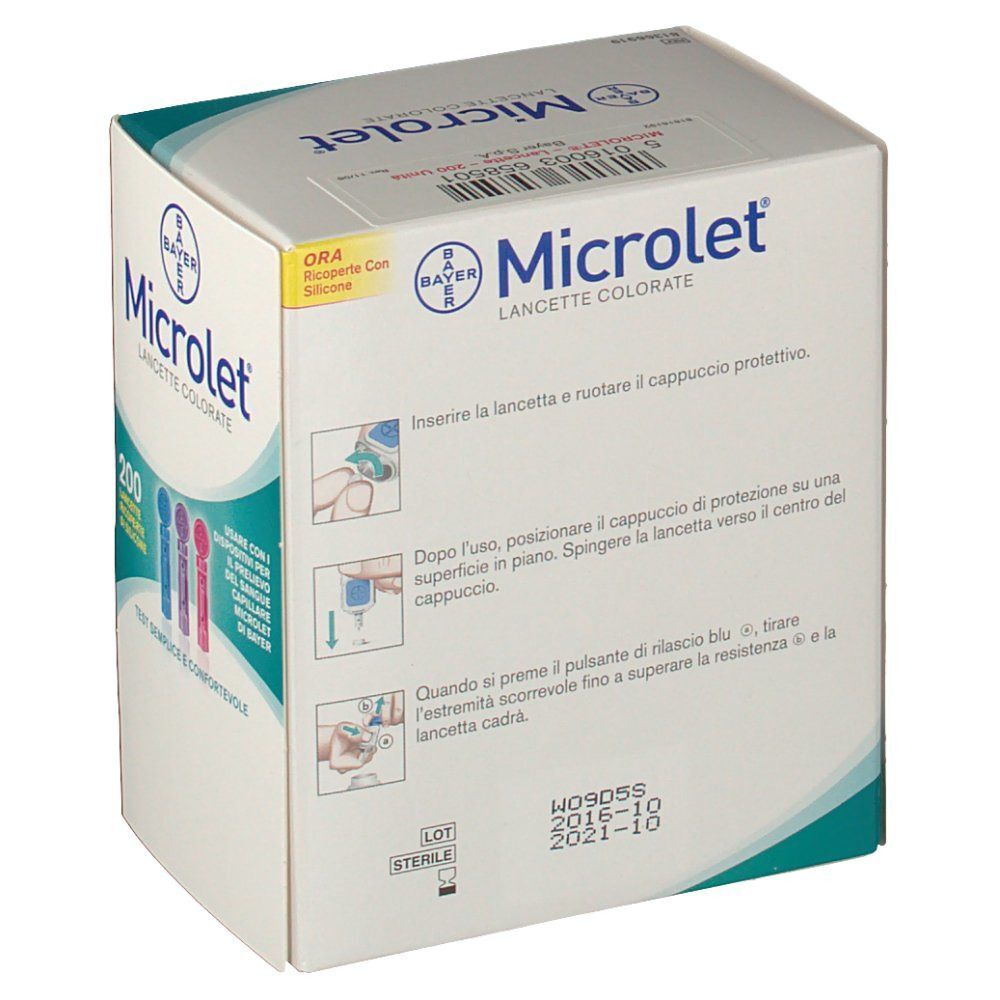 Retro di una confezione di lancette colorate Microlet. Contiene istruzioni per l'uso e informazioni sul prodotto.