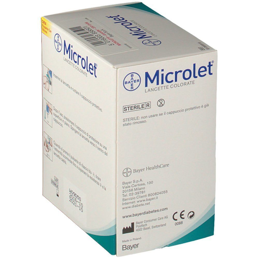 Lato di una confezione di lancette colorate Microlet. Contiene informazioni sul produttore, certificazioni e dettagli del prodotto.