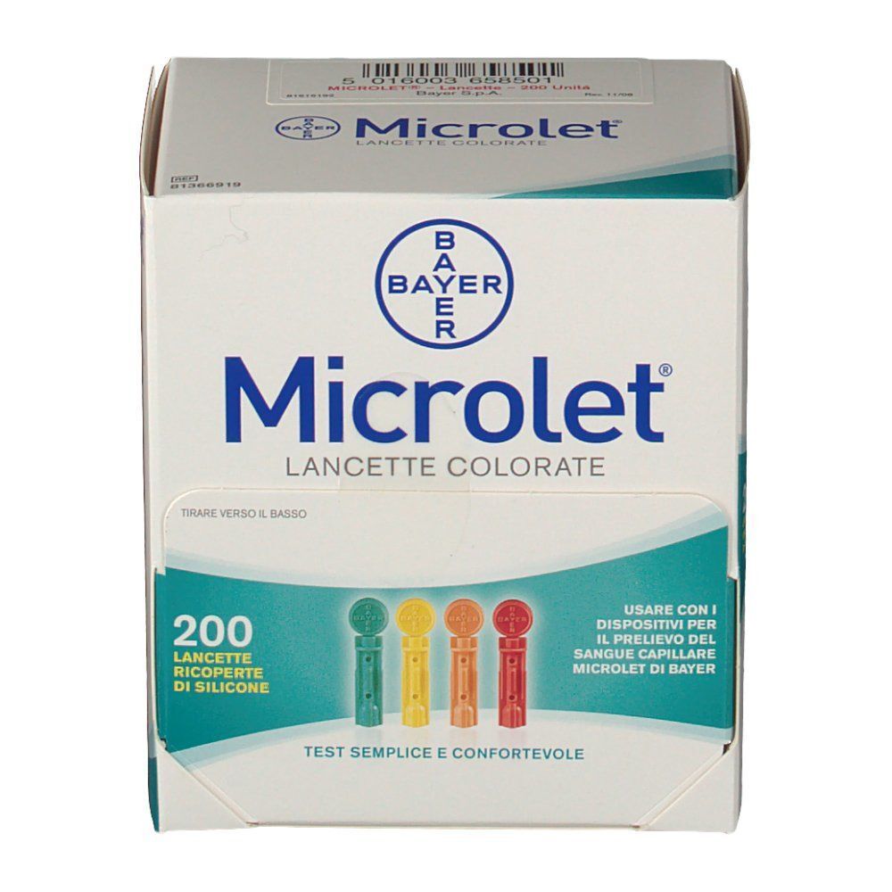 Fronte di una confezione di lancette colorate Microlet, 200 pezzi. Mostra lancette colorate e informazioni sul prodotto.
