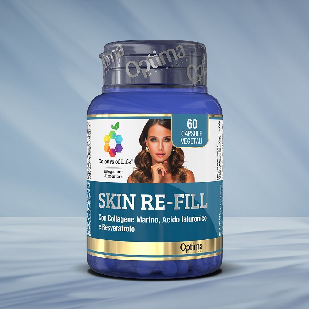 Flacone da 60 capsule vegetali 'Skin Re-Fill' di Colours of Life, con Collagene Marino, Acido Ialuronico e Resveratrolo.