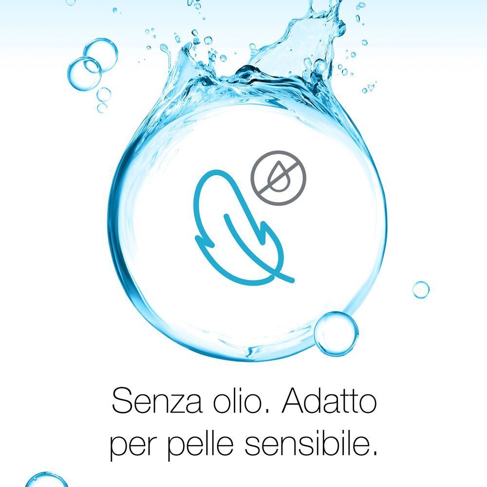 Simbolo di una piuma barrata che indica l'assenza di olio e l'adeguatezza per pelli sensibili.