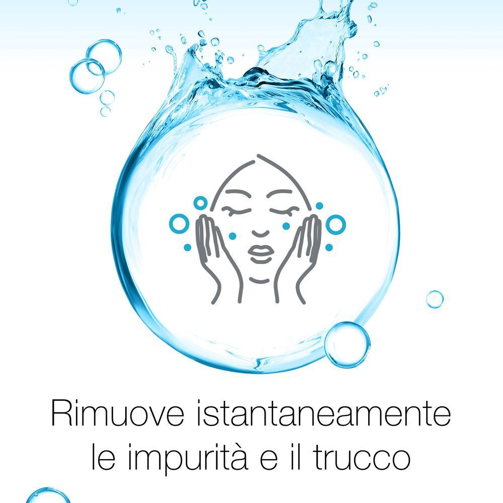 Simbolo di un viso circondato da bolle d'acqua, che rimuove impurità e trucco.