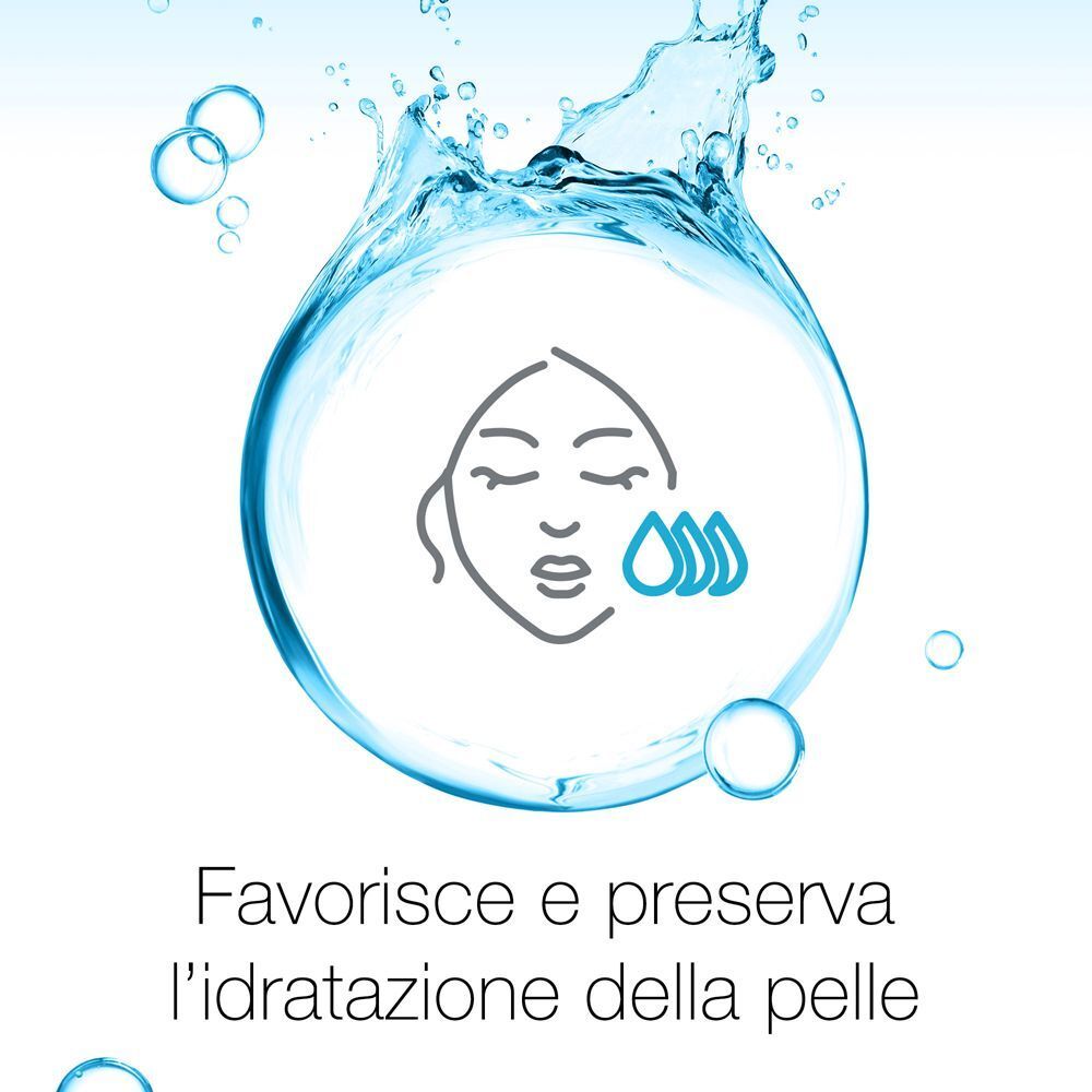 Simbolo di un viso con gocce d'acqua, che favorisce e preserva l'idratazione.