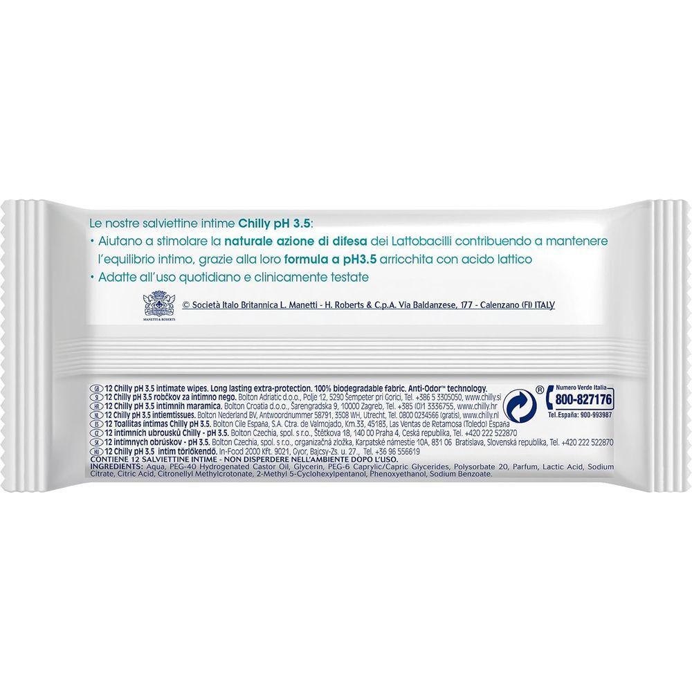 Retro di un pacchetto di salviettine intime Chilly pH 3.5 con informazioni sul prodotto e ingredienti.