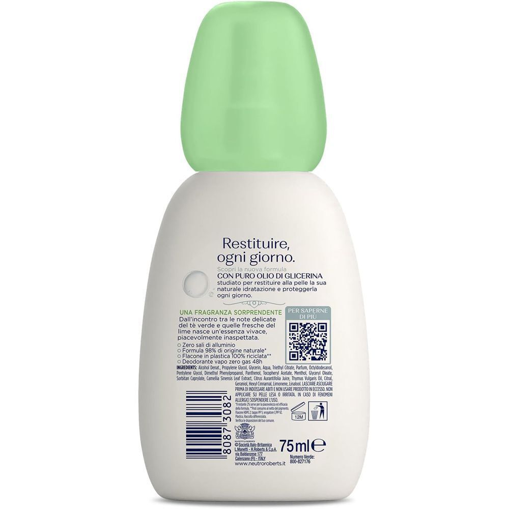 Retro di un flacone di deodorante bianco con tappo verde chiaro. Contiene informazioni sul prodotto e un codice QR.