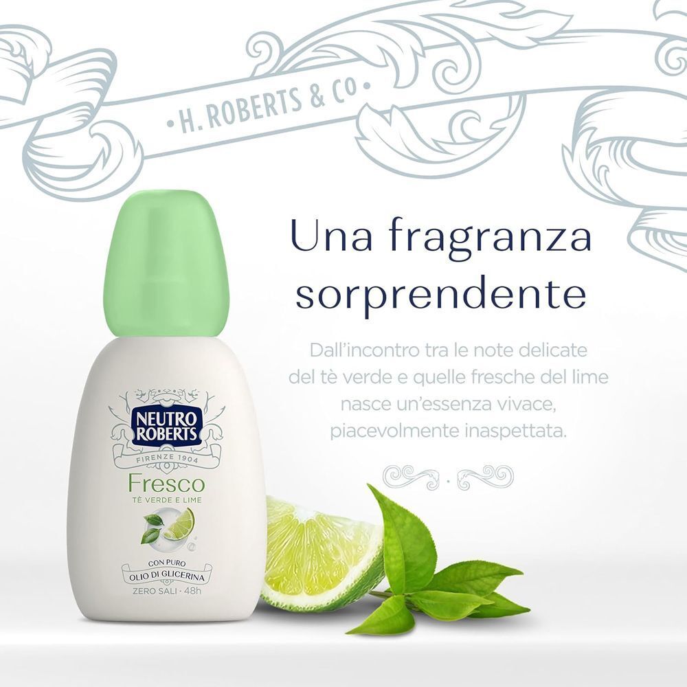 Un flacone di deodorante Neutro Roberts Fresco Verde Zero Gas accanto a una fetta di lime e foglie.