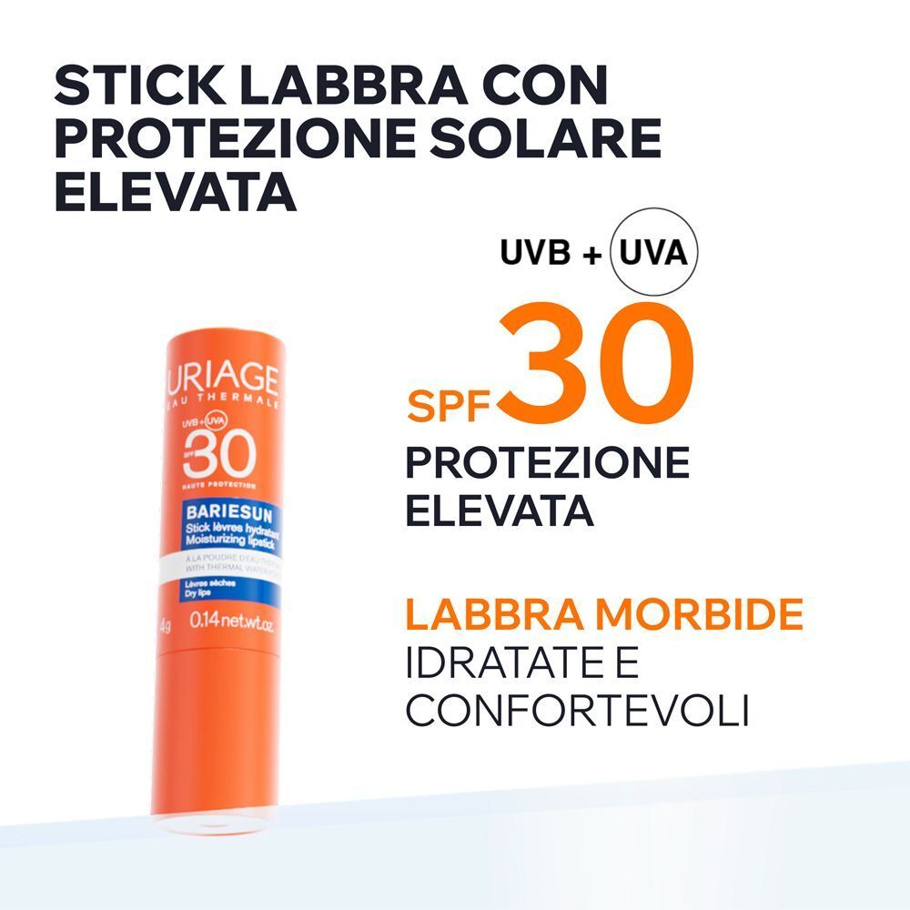 Uno stick solare SPF 30 per labbra, con testo su protezione UV e idratazione.