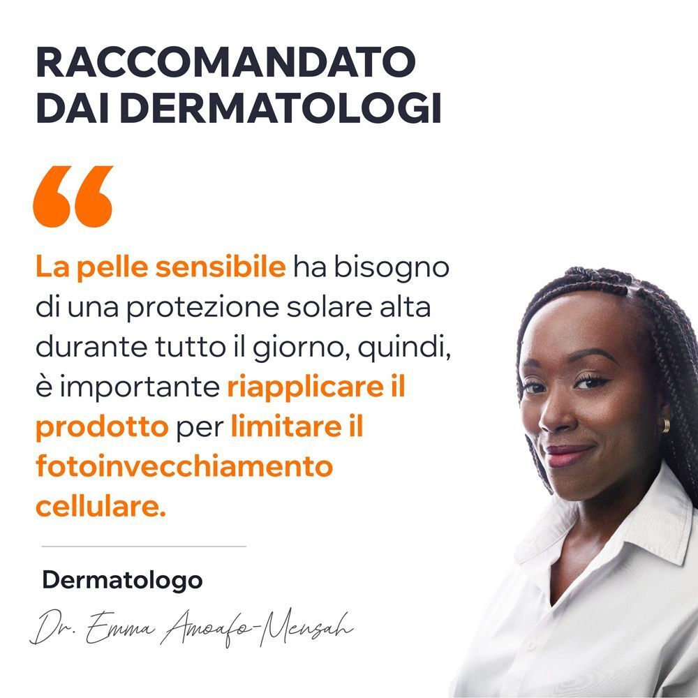 Ritratto di una dermatologa che spiega l'importanza della protezione solare per pelli sensibili.