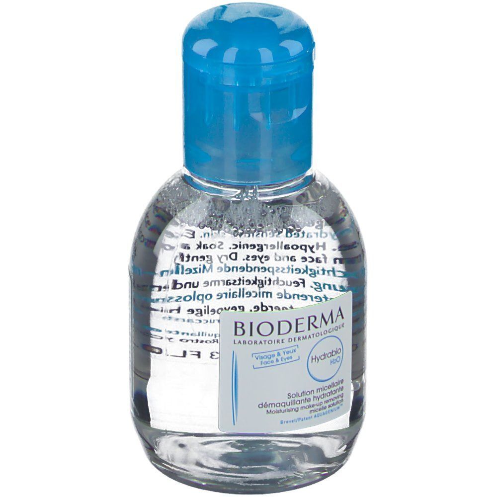 Fronte di un flacone di BIODERMA Hydrabio H2O Acqua Micellare con tappo blu.