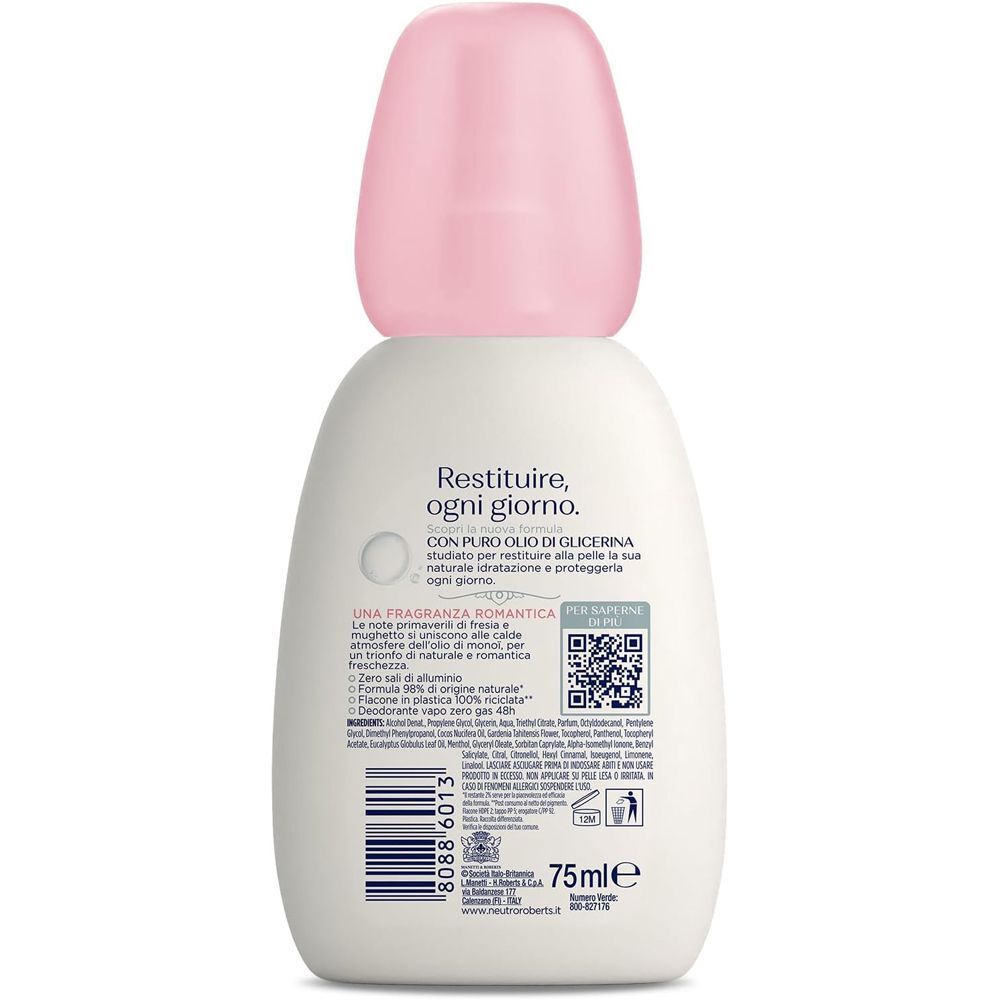 Retro di un flacone roll-on deodorante bianco con informazioni sul prodotto e codice QR.