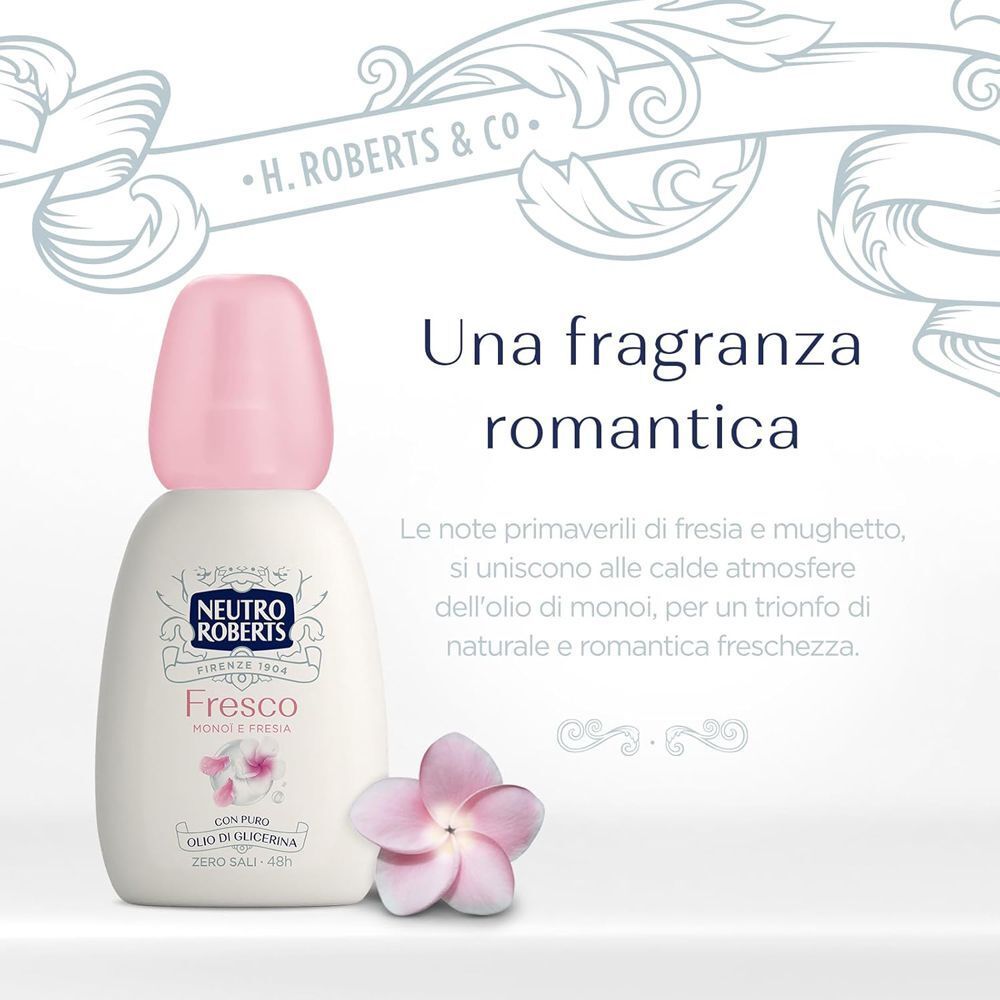 Flacone roll-on deodorante bianco con tappo rosa, logo e un fiore.