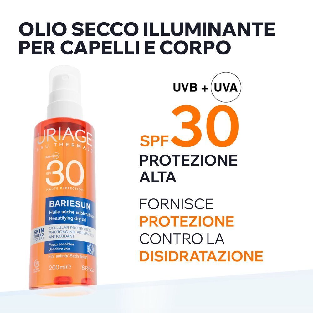 Olio secco URIAGE Bariésun SPF30: Alta protezione UVA/UVB, previene la disidratazione.