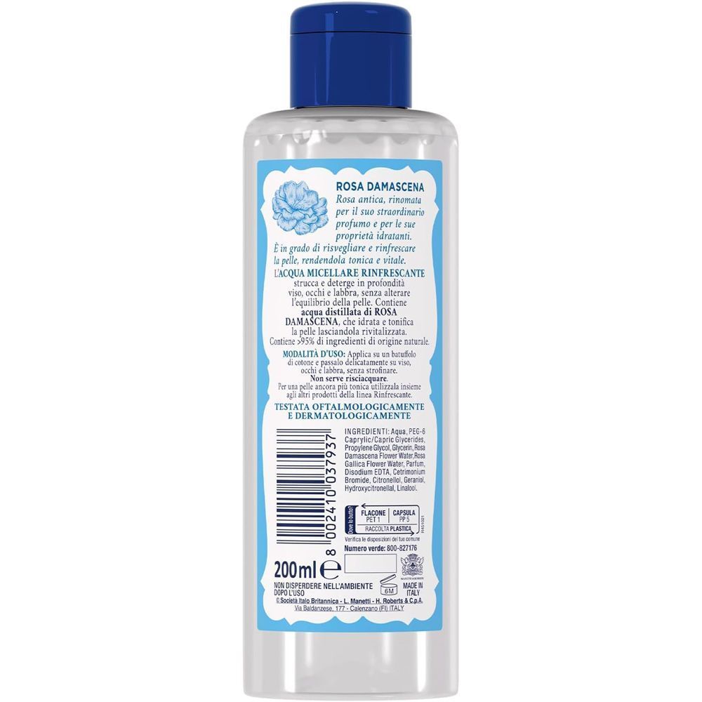 Retro di un flacone di Acqua alle Rose Acqua Micellare con etichetta e codice a barre.