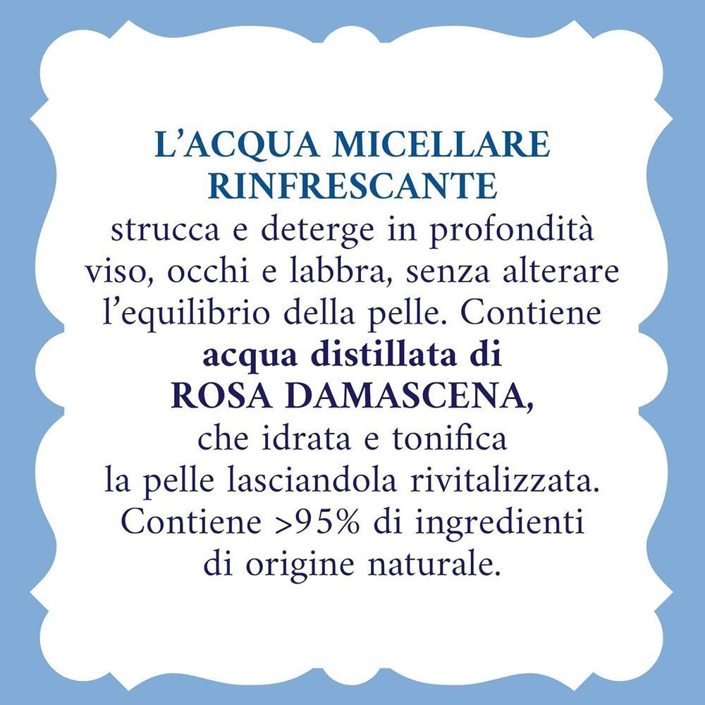 Vista dettagliata degli ingredienti dell'Acqua alle Rose - Acqua micellare Rinfrescante con acqua di rosa.