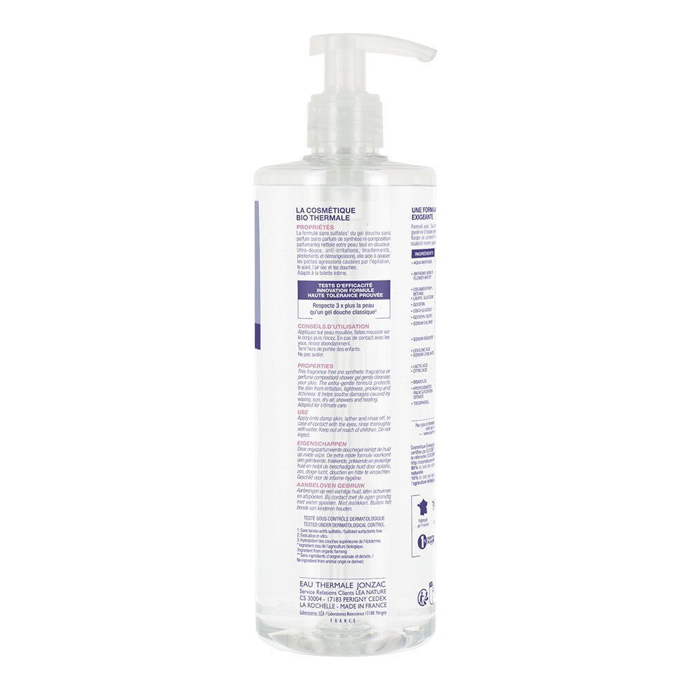Retro di un flacone di gel doccia Eau Thermale Jonzac con ingredienti e certificazioni.