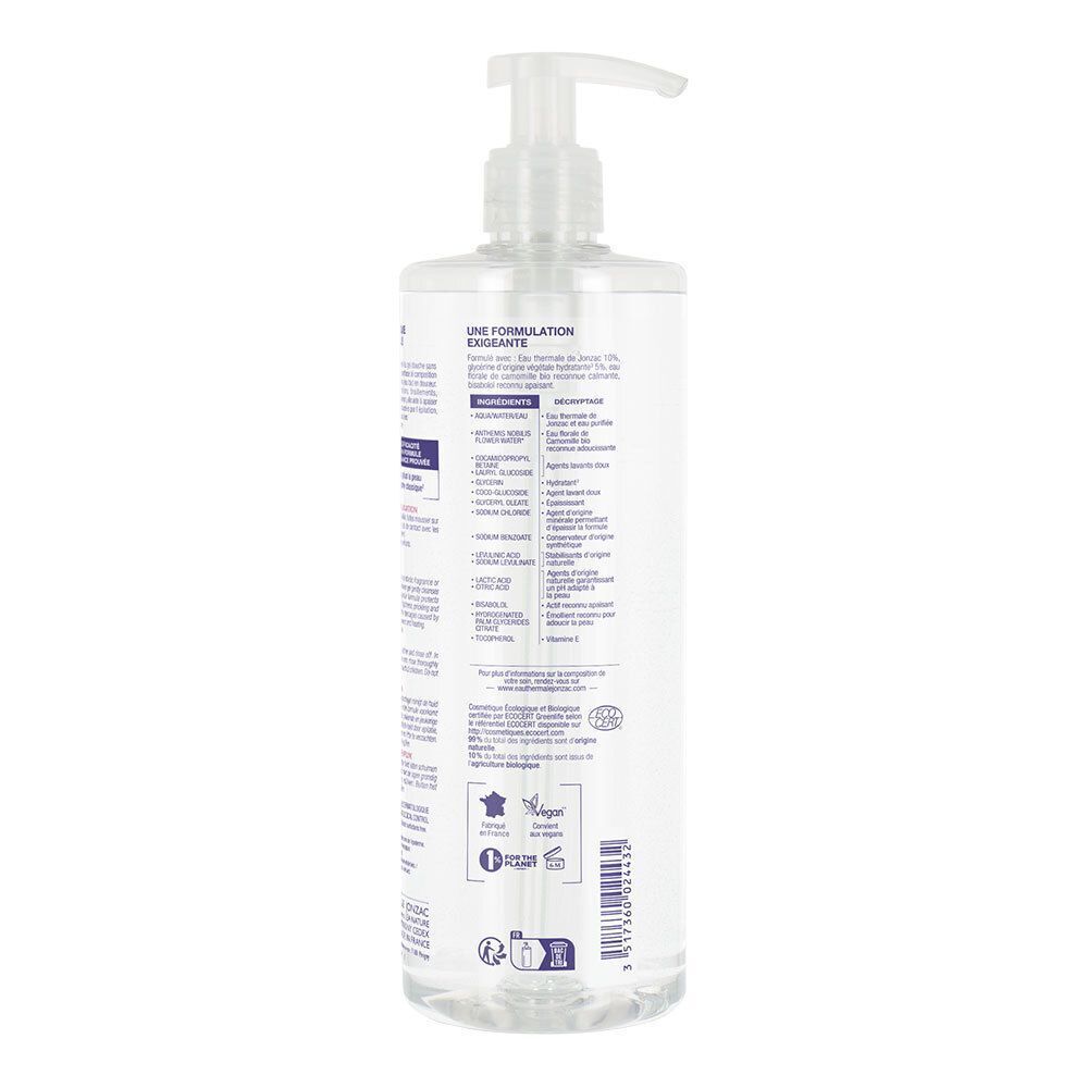 Retro di un flacone di gel doccia Eau Thermale Jonzac con ingredienti e certificazioni.