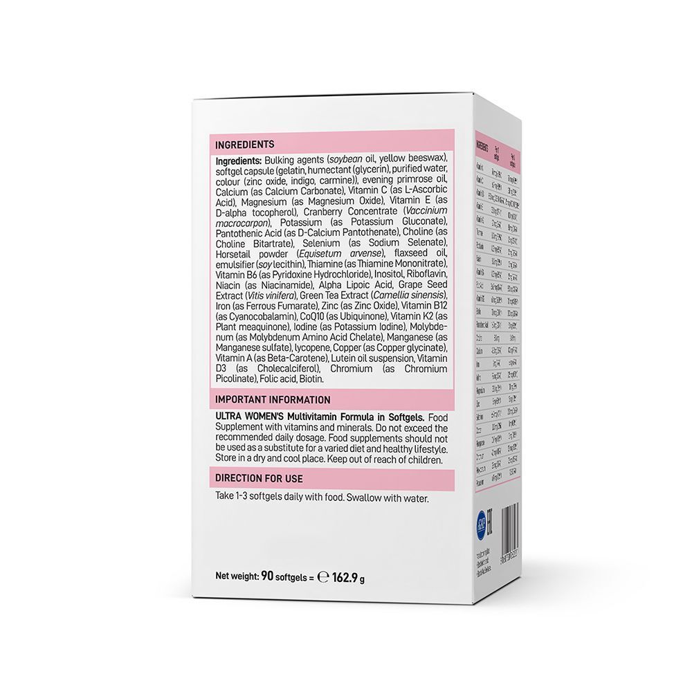 Vista laterale di una scatola VPLAB Ultra Women's Multivitamin Formula con ingredienti e istruzioni.