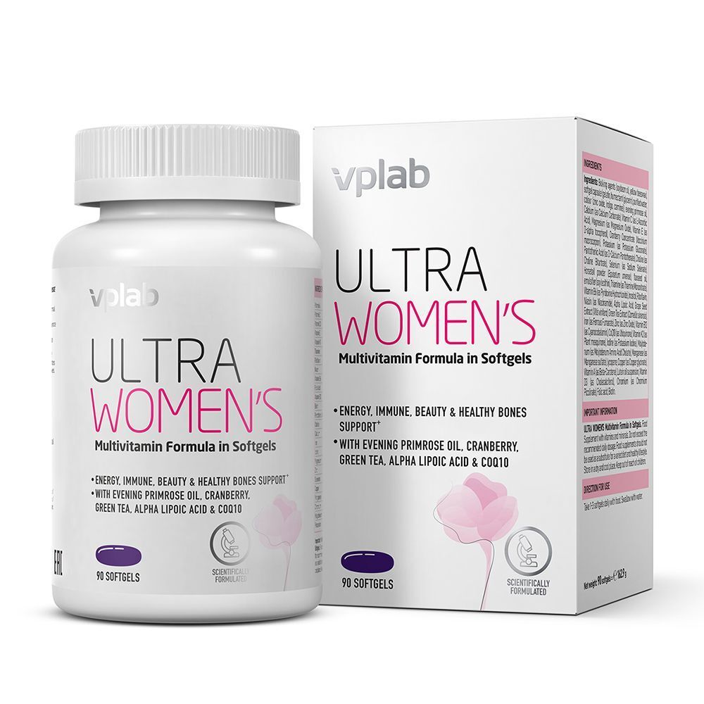 Flacone e scatola di VPLAB Ultra Women's Multivitamin Formula, 90 softgels.